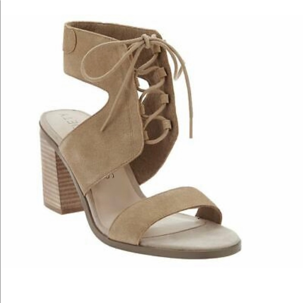 Sole Society Sueded Lace Up Blocked Heel Sandal, Dark Taupe Size 7
